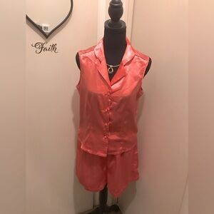 Coral Satin Button-Up Sleeveless Top & Shorts PJ Set.  NWOT